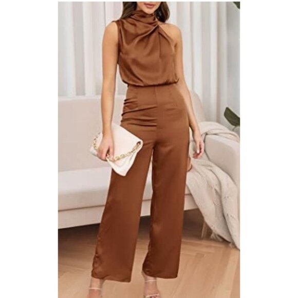 Pretty Garden Womens Satin Jumpsuit With Mock Neck & Wide-Leg Pants Khaki Small - Picture 1 of 11